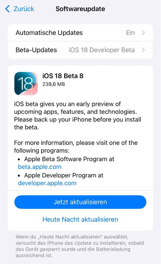 沅陵苹果手机维修分享苹果 iOS / iPadOS 18 开发者预览版 Beta 8 发布 